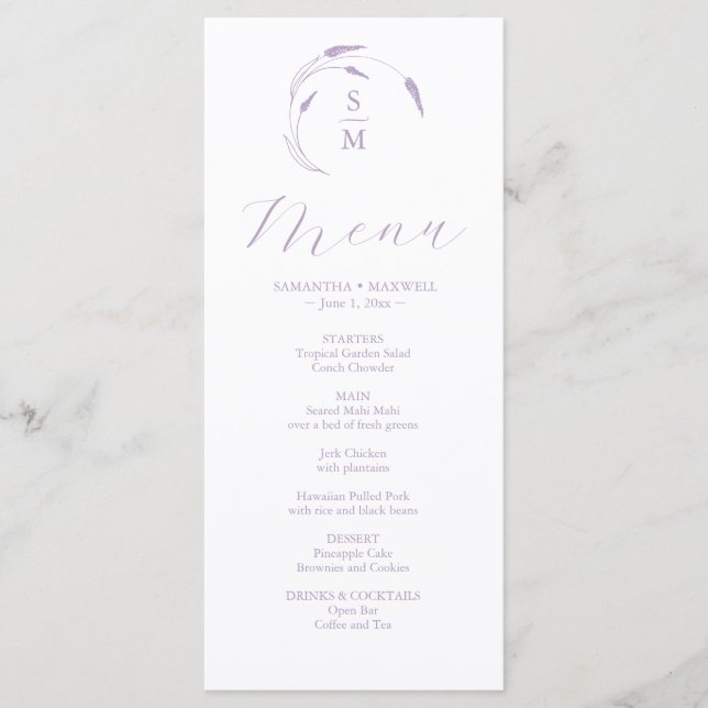 Menús Boda Lavender Monograma simple (Anverso)