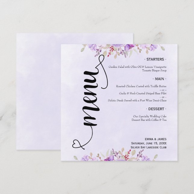 Menús Boda morado de moda (Anverso / Reverso)