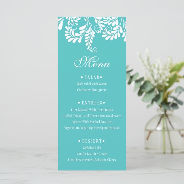 Menús Boda turquesa elegante y florido (Anverso de pie)