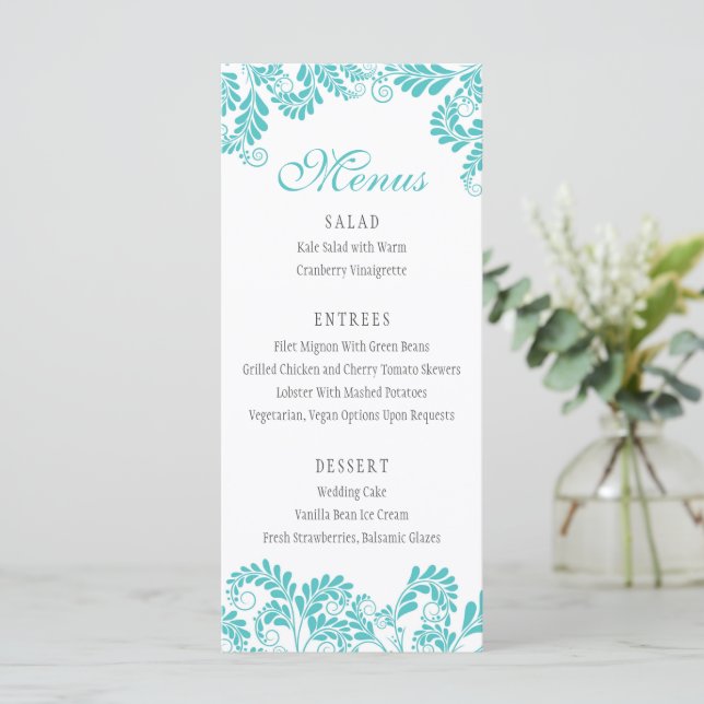 Menús Boda turquesa elegante y florido (Anverso de pie)