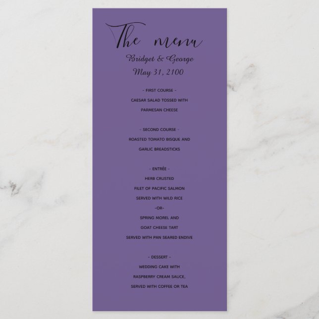 menús bodas modernos y minimalistas púrpuros (Anverso)