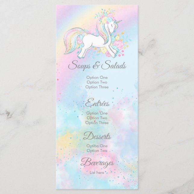 Menús de Baby Shower de Unicornio Pastel (Anverso)