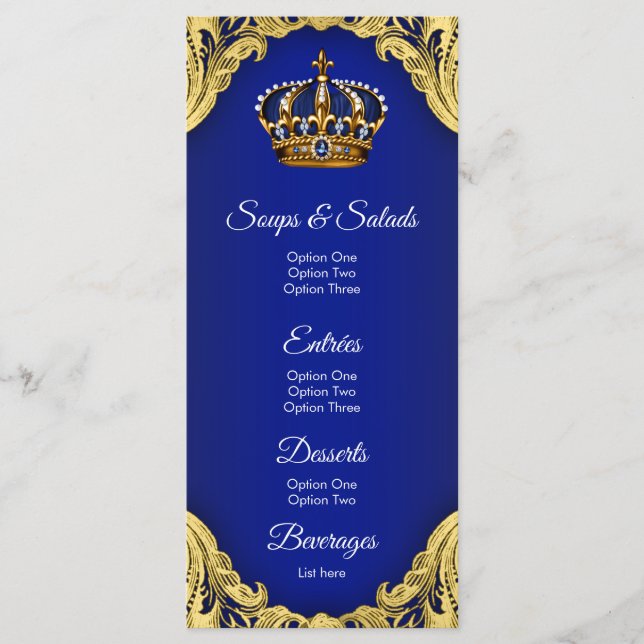 Menús de Baby Shower del Príncipe Oro Azul (Anverso)