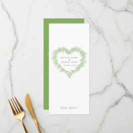 Menús de boda blanco y verde corazón mistletoe