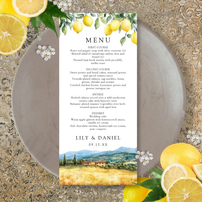 Menús de Boda con Limones al Acuarela Toscana Ital (Watercolor Lemons Tuscany Italy Wedding Menu)