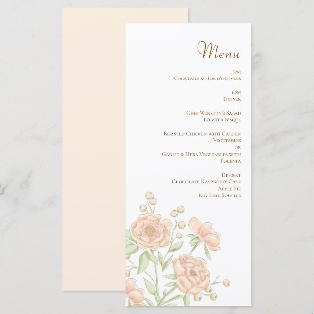 Menús de boda de rosa melocotón (Anverso / Reverso)