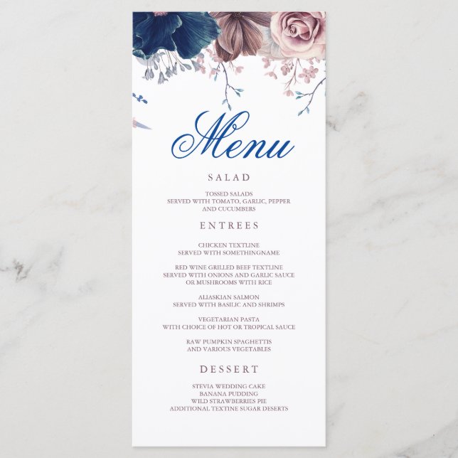 Menús de Boda moderno con flores azul y malva (Anverso)