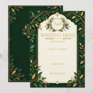 Menús de boda personalizados de verde bosque y dor