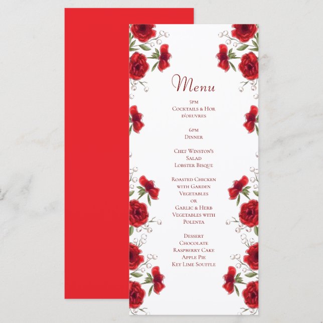 Menús de boda romántica con rosa roja (Anverso / Reverso)