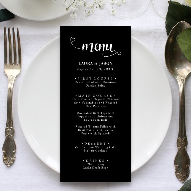 Menús de Boda Rústicos con Letra de Caligrafía Ele (Fancy calligraphy script wedding menus add romantic charm while guiding guests through your meal)