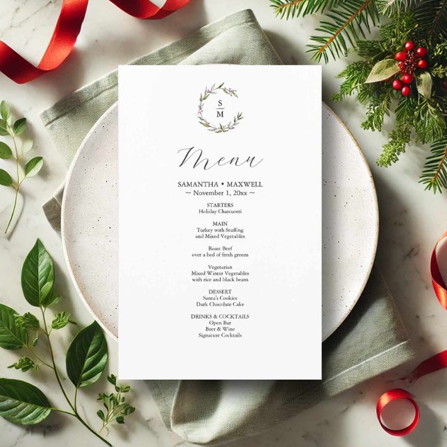 Menús de decoración de Boda de invierno rústico (hand drawn winter wedding menu card features botanical art by Victoria Grigaliunas Do Tell A Belle)