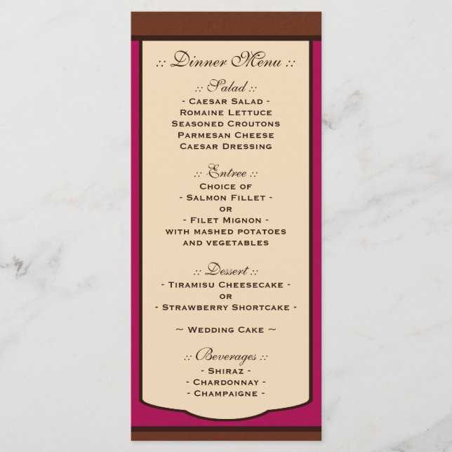 Menús de la recepción de bodas de Mocha y Fuchsia  (Anverso)
