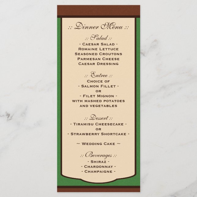 Menús de recepción de Mocha y Boda Verde dulce (Anverso)