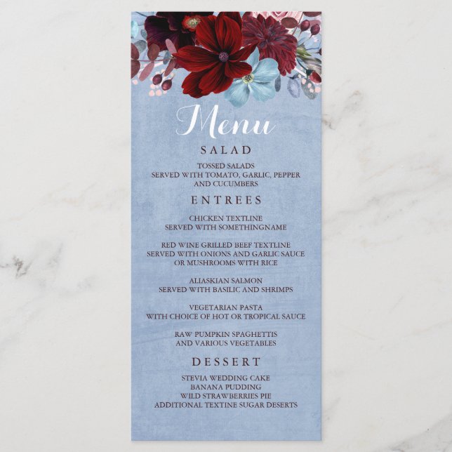Menús del Boda azul borgoñoso y seco (Anverso)