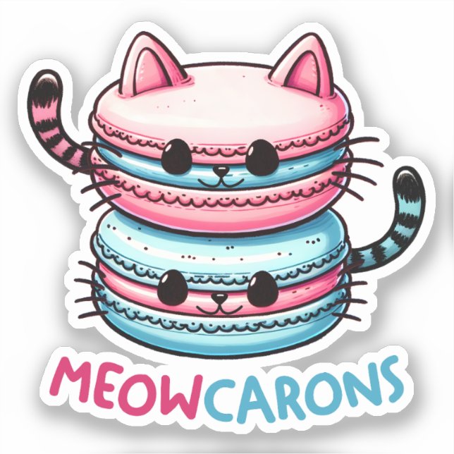Meowcarons Macaron Pun Funny Kawaii Cat Pegatina (Anverso)