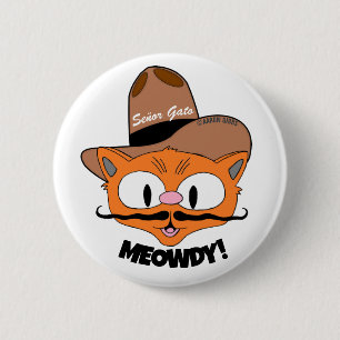 ¡MEOWDY! Botón de gato vaquero con bigote de dibuj
