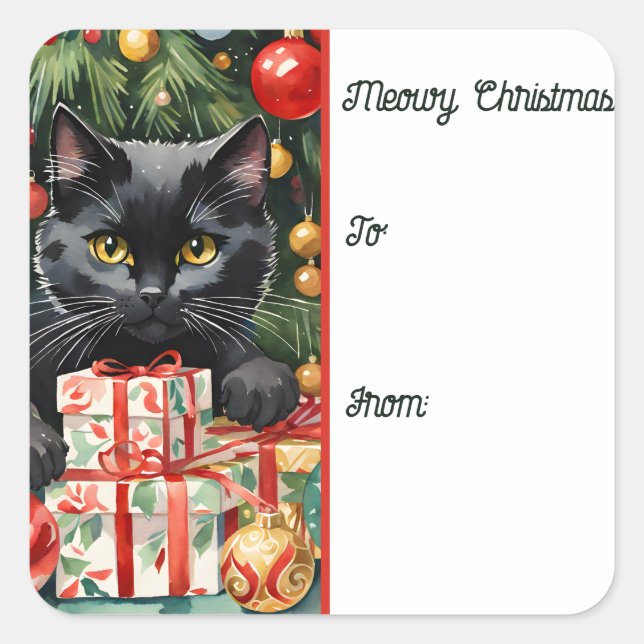 Meowy Navidades Black Kitten Holiday Gift Etiqueta (Anverso)