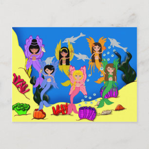 Merhadas en el océano con delfines postal