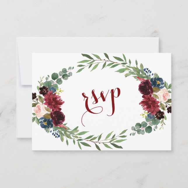 Merlot Navy Blue Floral Bloom Wedding RSVP (Anverso)