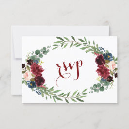 Merlot Navy Blue Floral Bloom Wedding RSVP