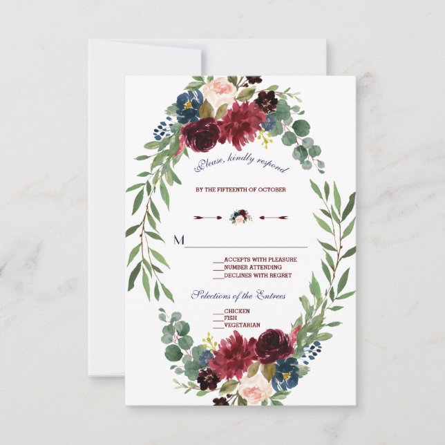 Merlot Navy Blue Floral Bloom Wedding RSVP (Anverso)