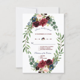 Merlot Navy Blue Floral Bloom Wedding RSVP