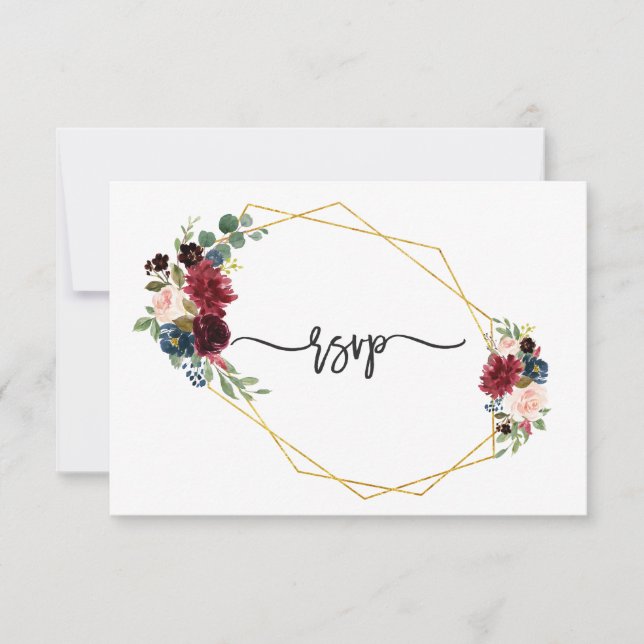 Merlot Navy Blue Floral Gold Frame Wedding RSVP (Anverso)