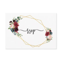 Merlot Navy Blue Floral Gold Frame Wedding RSVP