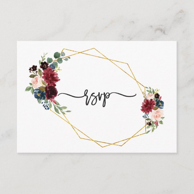 Merlot Navy Blue Floral Gold Frame Wedding RSVP (Anverso)