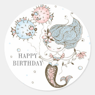 Mermaid Happy Birday Classic Round Pegatina