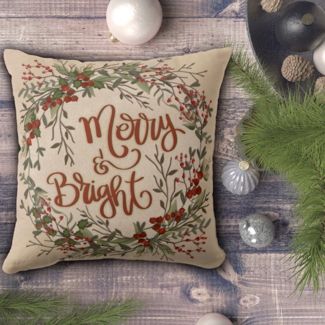 Merry Bright Berry Wreath Cojín decorativo de la i (Subido por el creador)
