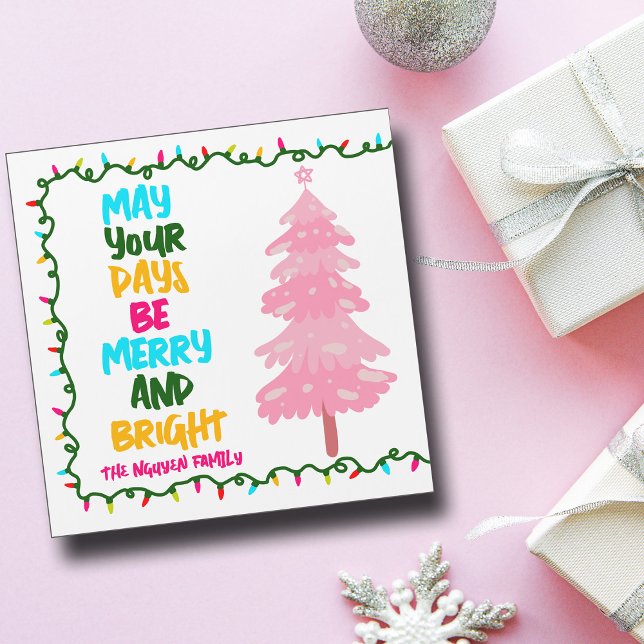 Merry Bright Cute Pink Christmas Tree Magnet Card (Subido por el creador)