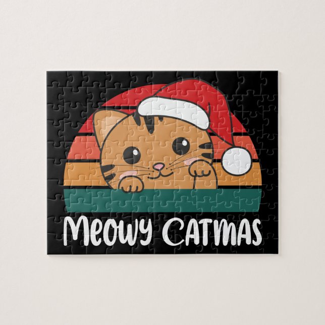 Merry Catmas Funny Cat Navidades Pun Jigsaw Puzzle (Horizontal)