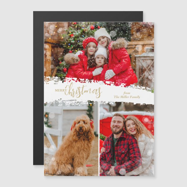 Merry Christmas 3 Photo Collage Magnetic Card (Anverso/Reverso)