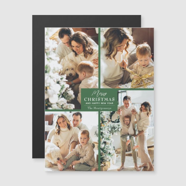 Merry Christmas 4 Photo Collage Magnetic Card (Anverso/Reverso)