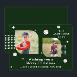 Merry Christmas Baseball Sport 2 Photo Family<br><div class="desc">Ferry Christmas Baseball Sport 2 Photo Family Name Las tarjetas de Navidades modernas presentan un collage de fotos de dos de tus fotos favoritas con el texto "Deseándote una Feliz Navidad... y un gran año nuevo de los islamistas" en elegante escritura blanca. Personalice editando el texto en los cuadros de...</div>