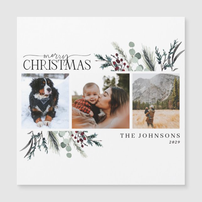 Merry Christmas Black Winter Floral Photo Magnet (Anverso)