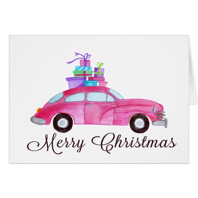 Merry Christmas Classic Car Watercolor (Anverso (Horizontal))