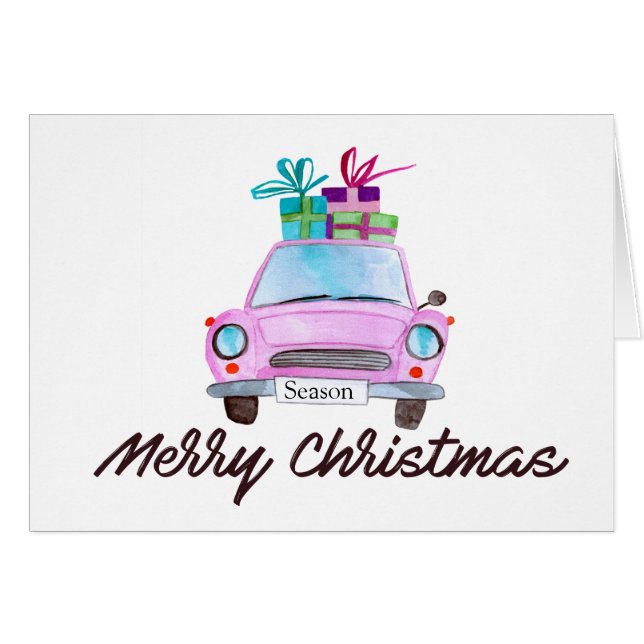 Merry Christmas Classic Car Watercolor (Anverso (Horizontal))