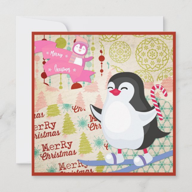 Merry Christmas Cute Penguin Flat Card (Anverso)