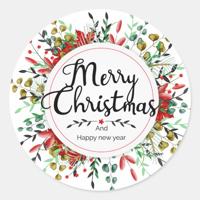 Merry Christmas Flower Wreath Pegatina (Anverso)