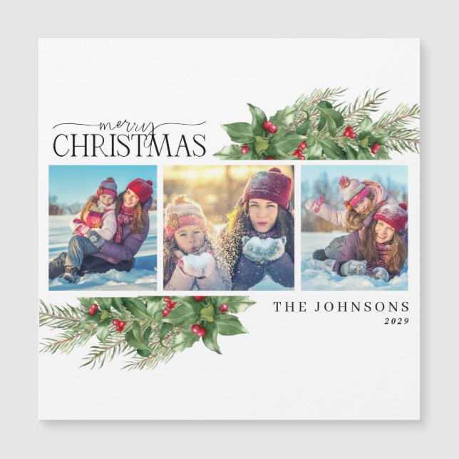 Merry Christmas Modern Holly Berry Photo Magnet (Anverso)