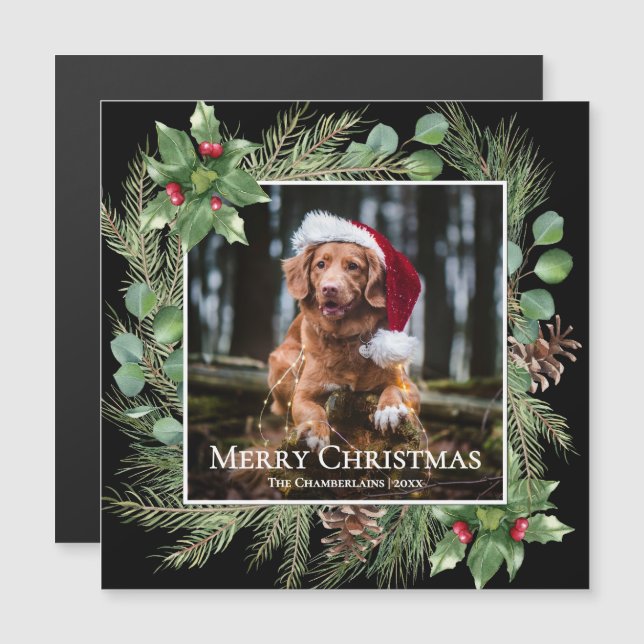Merry Christmas Pet Photo Wreath Magnetic Card (Anverso/Reverso)