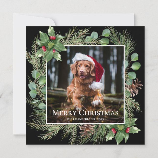 Merry Christmas Pet Photo Wreath Square Card (Anverso)