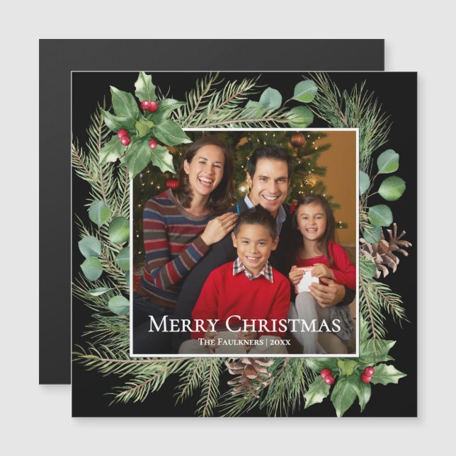Merry Christmas Photo Wreath Magnetic Card (Anverso/Reverso)