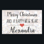 Merry Christmas purpurina nombre pegatina<br><div class="desc">Elegante "Feliz Navidad y un feliz Año Nuevo" rectángulo en forma de palo con un tipo de letra negro sobre un fondo purpurina plateado adornado con un lindo corazón rojo. Texto personalizado.</div>