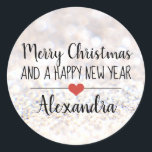 Merry Christmas purpurina nombre pegatina<br><div class="desc">Elegante "Feliz Navidad y un feliz Año Nuevo" con forma de palo con un tipo de letra negra en un fondo purpurina plateado adornado con un lindo corazón rojo. Texto personalizado.</div>