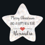 Merry Christmas purpurina nombre pegatina<br><div class="desc">Elegante estrella de "Feliz Navidad y Año Nuevo Feliz" con forma de palo con un tipo de letra negro sobre un fondo purpurina plateado adornado con un lindo corazón rojo. Texto personalizado.</div>