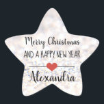 Merry Christmas purpurina nombre pegatina<br><div class="desc">Elegante estrella de "Feliz Navidad y Año Nuevo Feliz" con forma de palo con un tipo de letra negro sobre un fondo purpurina plateado adornado con un lindo corazón rojo. Texto personalizado.</div>
