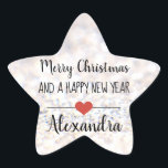 Merry Christmas purpurina nombre pegatina<br><div class="desc">Elegante estrella de "Feliz Navidad y Año Nuevo Feliz" con forma de palo con un tipo de letra negro sobre un fondo purpurina plateado adornado con un lindo corazón rojo. Texto personalizado.</div>